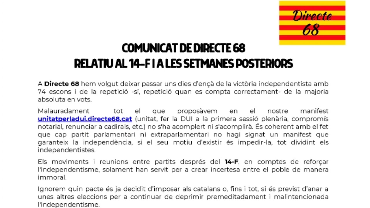 COMUNICAT DE DIRECTE 68 RELATIU AL 14F i A LES SETMANES POSTERIORS de Resistència Independentista Catalana
