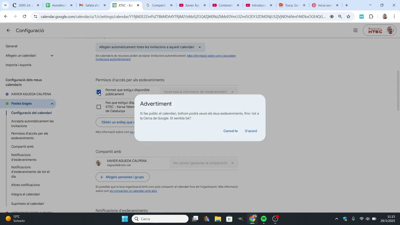 Com fer públic i compartir l'enllaç a un calendari de Google Calendar de Xavier Àgueda COMPETIC