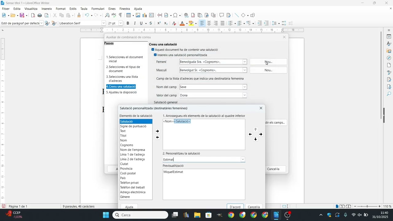 Com personalitzar salutacions amb l'auxiliar de correu de Libreoffice Writer de Xavier Àgueda COMPETIC