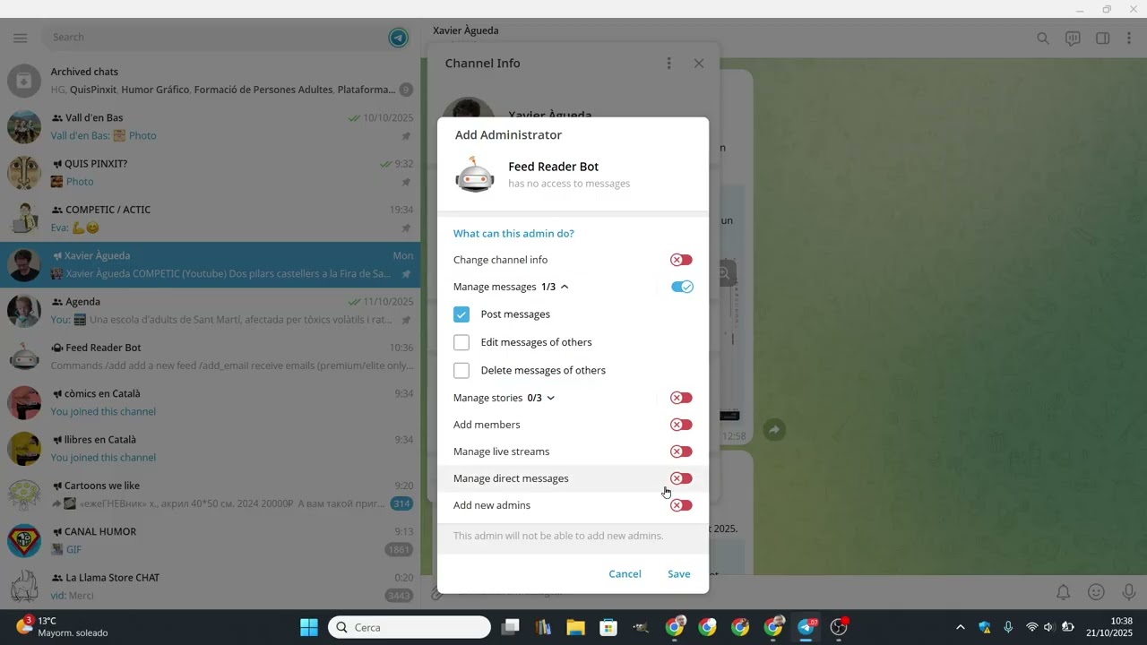 Com fer que un canal de Telegram s'actualitzi automàticament amb el Feed Reader Bot de Xavier Àgueda COMPETIC