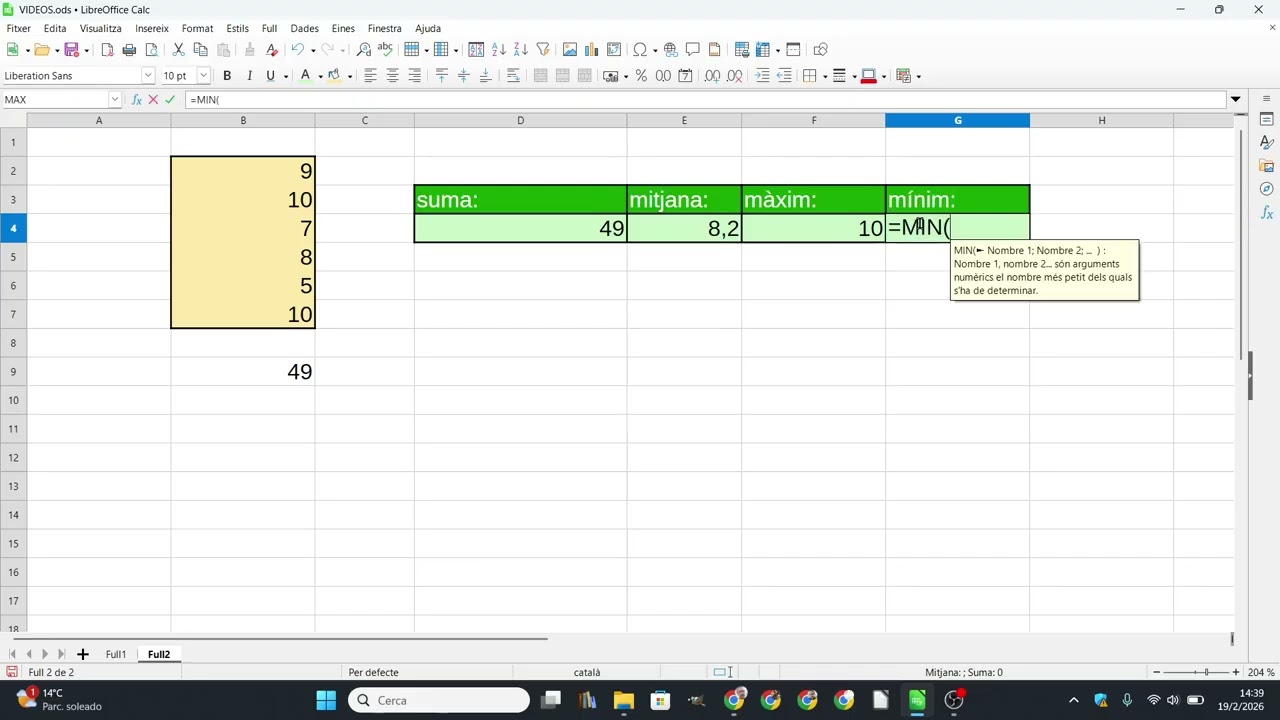 Com fer servir funcions de Libreoffice Calc, p.e: SUMA(), MITJANA(), MAX() i MIN() de Xavier Àgueda COMPETIC